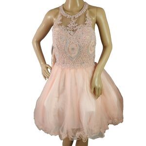 Nox Anabel Dress Womens Medium Pink 2 Piece Beaded Halter Top Layered Net Skirt